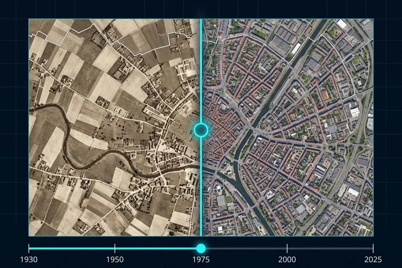 Une seule carte aérienne coupée par un rideau vertical : à gauche une photo sépia des années 1930, à droite l'orthophoto couleur actuelle, avec une frise chronologique de 1930 à 2025 en bas.