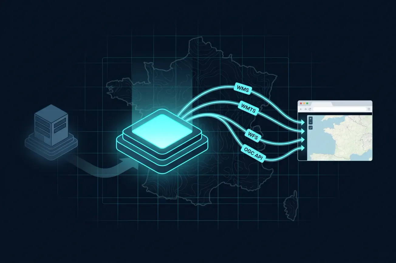 Illustration d'une plateforme géospatiale nationale diffusant des flux WMS, WMTS, WFS et OGC API vers une carte web, un ancien portail s'effaçant au profit de la nouvelle plateforme.