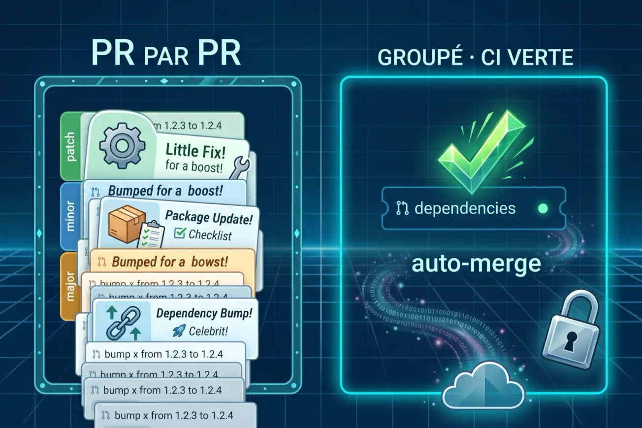 Illustration en deux panneaux : à gauche une pile de PRs Dependabot qui débordent du cadre, une par dépendance ; à droite une carte « dependencies » groupée, CI verte et badge auto-merge.