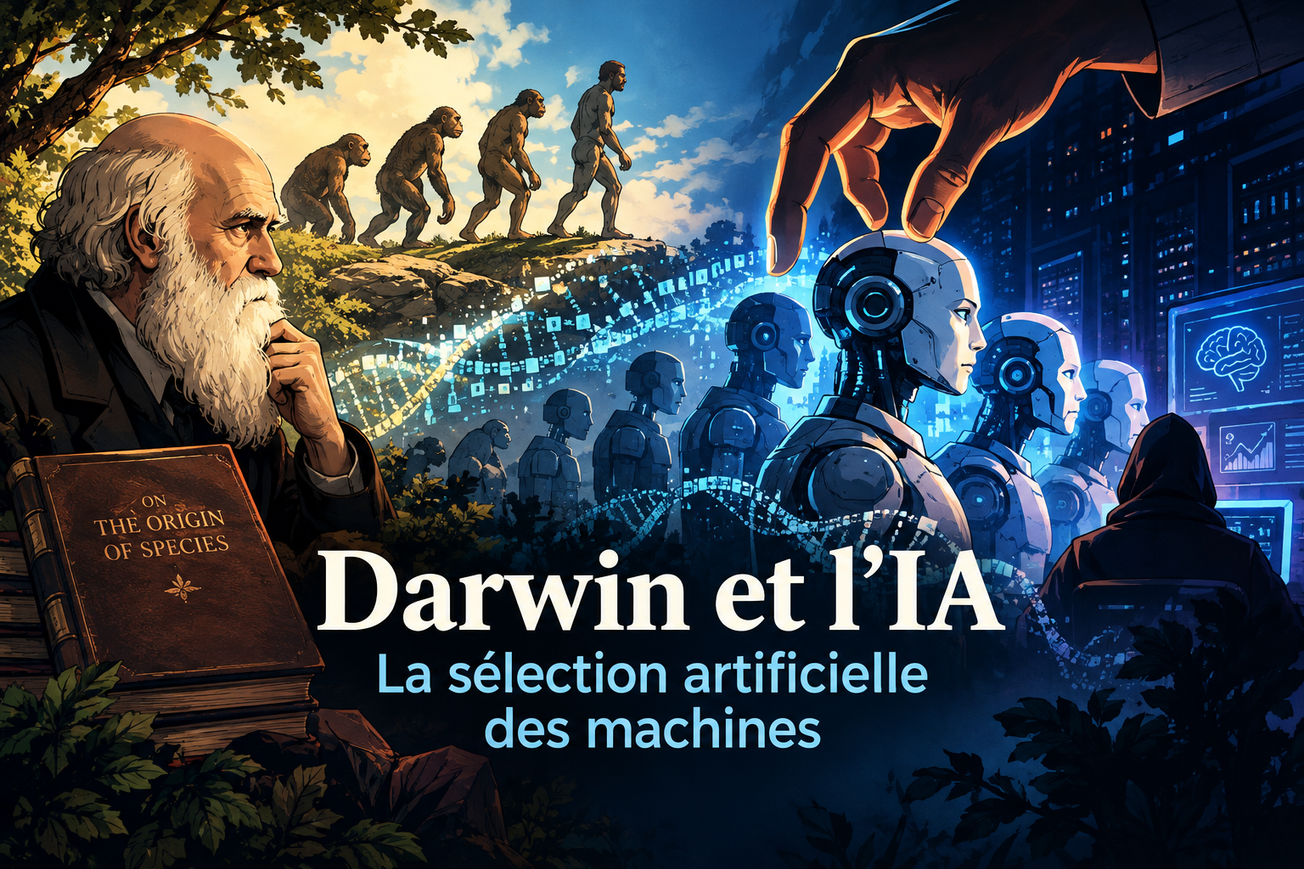 Charles Darwin pensif à côté de L'Origine des espèces ; à droite, une main humaine choisit un robot dans une file de machines qui prolonge l'évolution de l'homme.