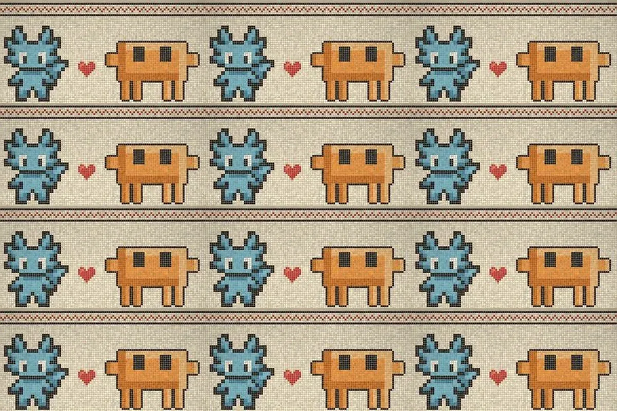 Mosaïque de douze bandes en pixel art, façon point de croix : un personnage bleu et un personnage orange reliés par un cœur rouge, répétés sur trois colonnes et quatre rangées.