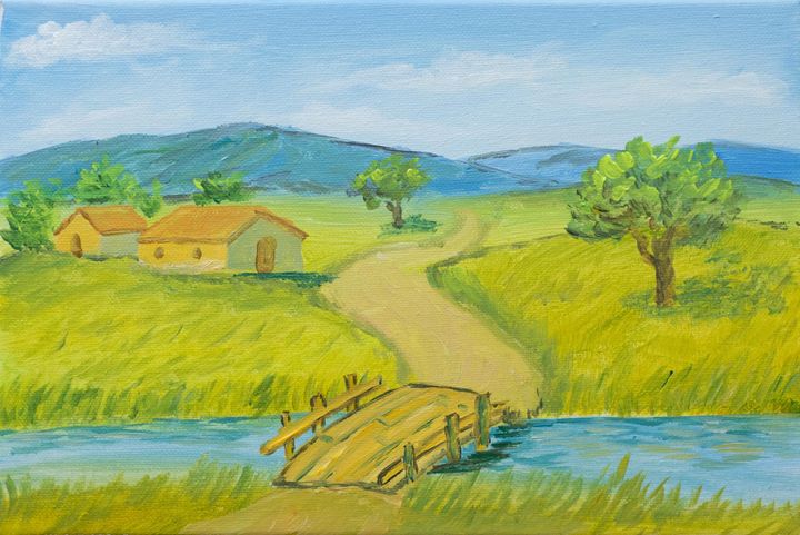 丙烯画：阳光田野上的木桥与蜿蜒小径通向远山与小屋 | 《小桥流水人家》布面丙烯 Artwork © Philo Li