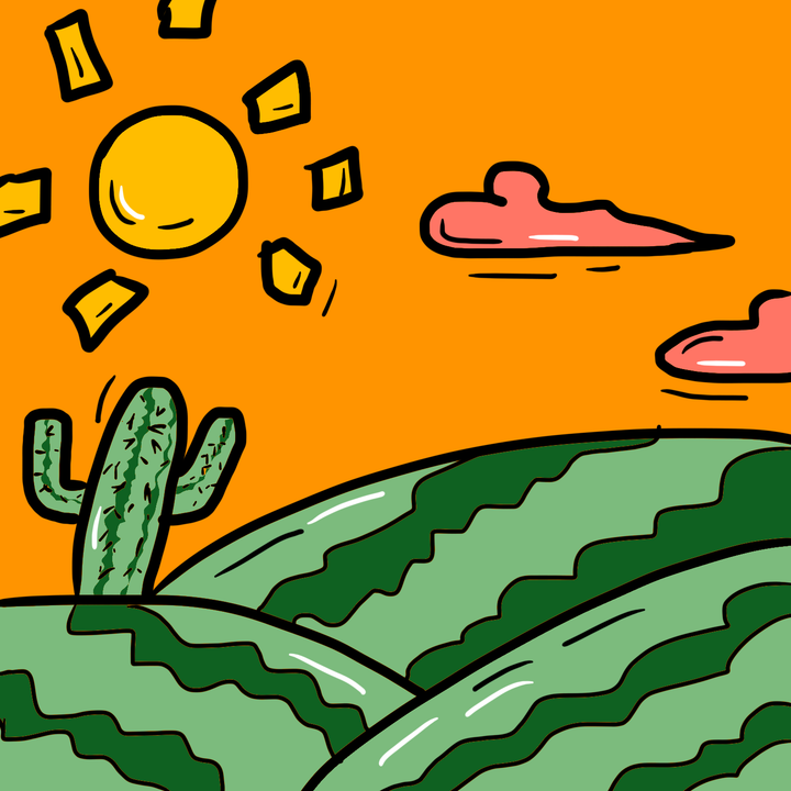 卡通风格的西瓜世界风景：橙色天空下，明亮的黄色太阳、粉色云朵、一株仙人掌，以及起伏的西瓜纹山丘。Artwork © Philo Li