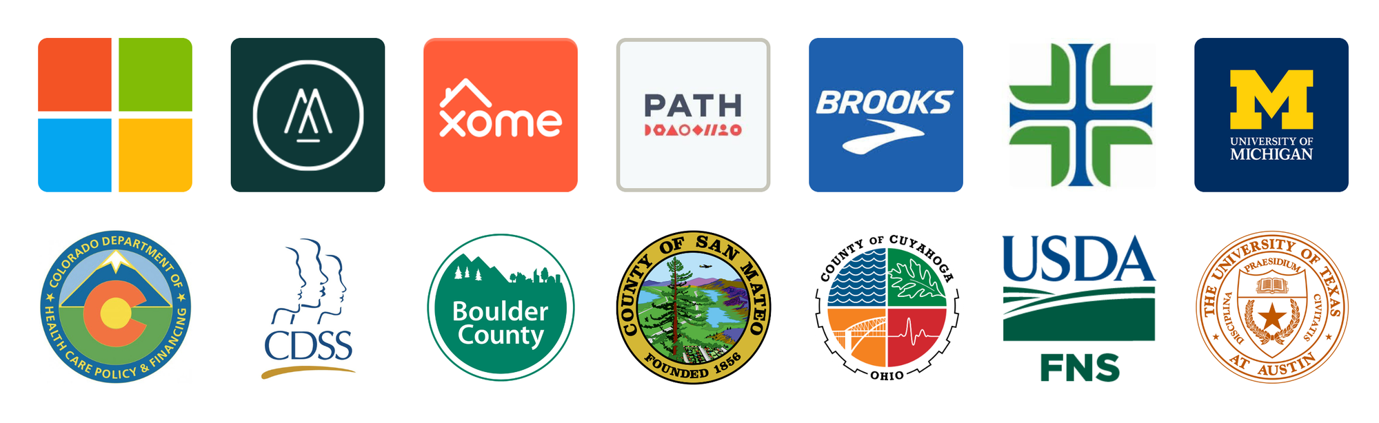 Client organizations include Microsoft, Moss Adams, Xome, PATH, Brooks Running, Providence, University of Michigan, University of Texas at Austin, Colorado Department of Health Care Policy & Financing, CDSS, Boulder County, Colorado, County of San Mateo, California, County of Cuyahoga, Ohio, and FNS/USDA.