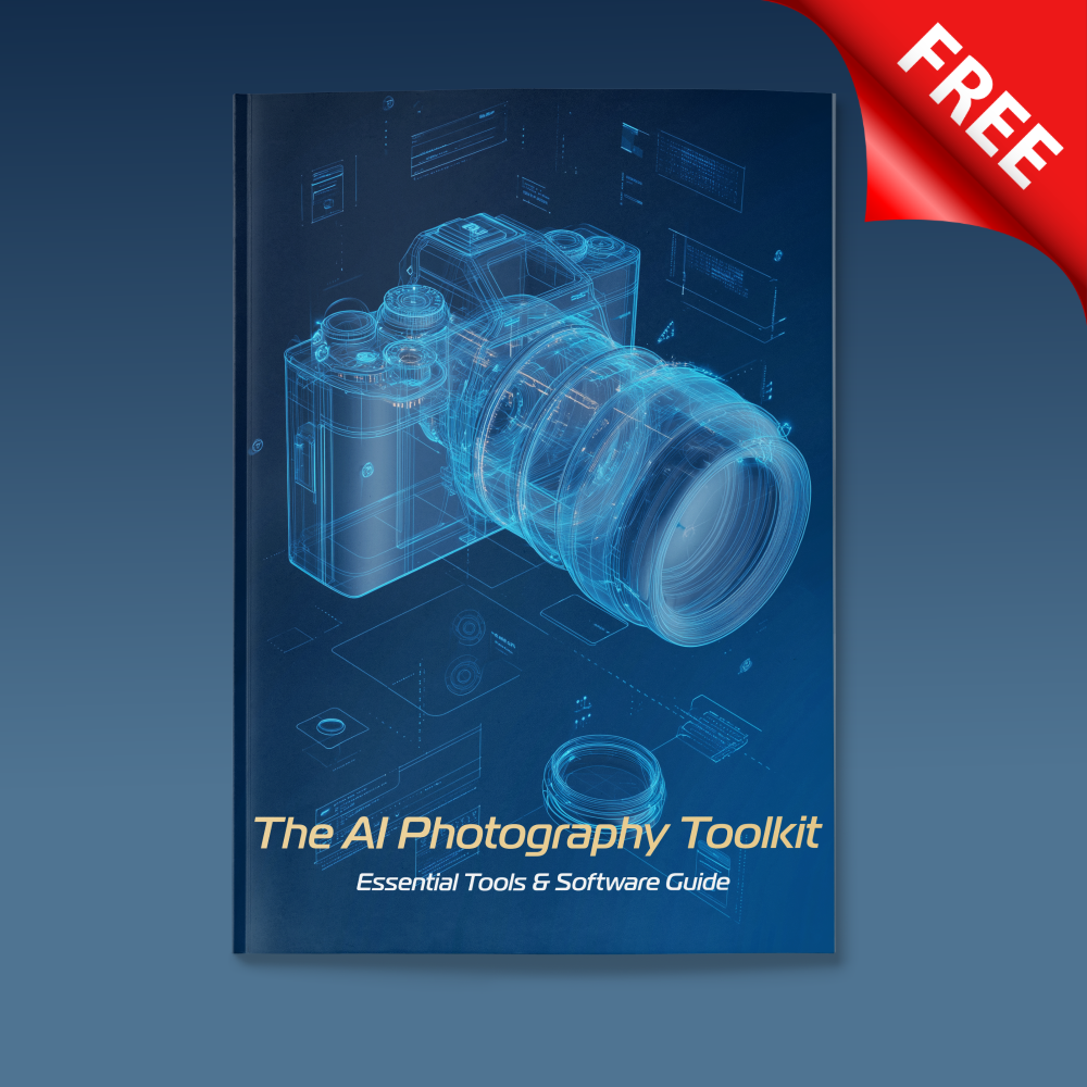 Cover of a free digital guide titled "The AI Photography Toolkit: Essential Tools & Software Guide," featuring a blueprint-style, blue holographic illustration of a professional camera and lens on a dark background. The design emphasizes advanced technology, artificial intelligence in photography, and innovation in digital imaging tools. A bold red corner clearly marks the ebook as "FREE."