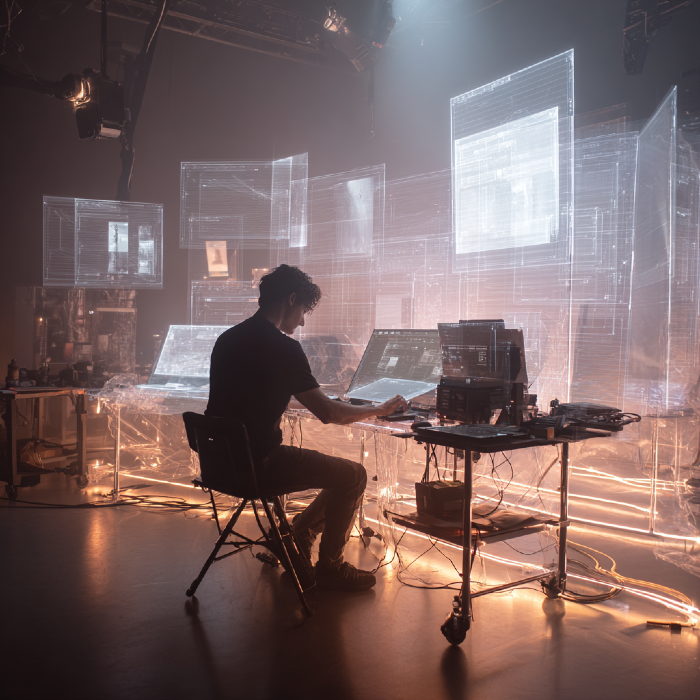 Modern photographer working in a futuristic digital studio, surrounded by multiple illuminated screens, advanced computer setups, and transparent display panels, illustrating the integration of artificial intelligence in the creative workflow. The high-tech environment highlights innovation and digital artistry, showcasing the synergy between technology and creative photographic expression.