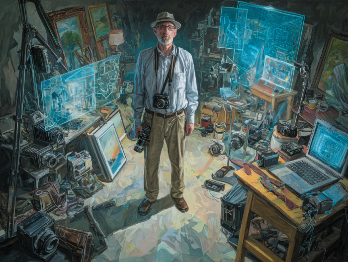 Photographer standing in a cluttered, creative studio filled with vintage and modern cameras, photography gear, and digital devices. Surrounding the workspace are glowing holographic screens, illustrating a fusion of traditional photography and advanced AI technology, symbolizing innovation and the evolving digital art landscape.