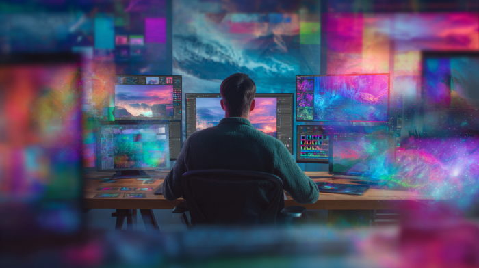 Digital artist seated in a futuristic workspace, surrounded by multiple computer monitors displaying vivid landscapes and advanced photo editing interfaces. The environment features dynamic, colorful lighting effects and abstract digital overlays, highlighting the integration of artificial intelligence in modern photography and creative workflow. The scene represents innovation, AI-powered editing tools, and the future of digital art.