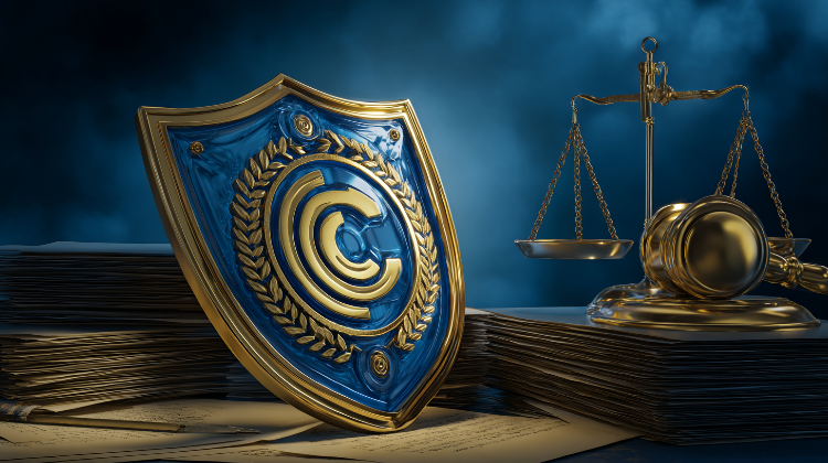 Digital artwork protected by copyright shield symbol with legal documents, gavel, and scales of justice representing intellectual property protection for licensing