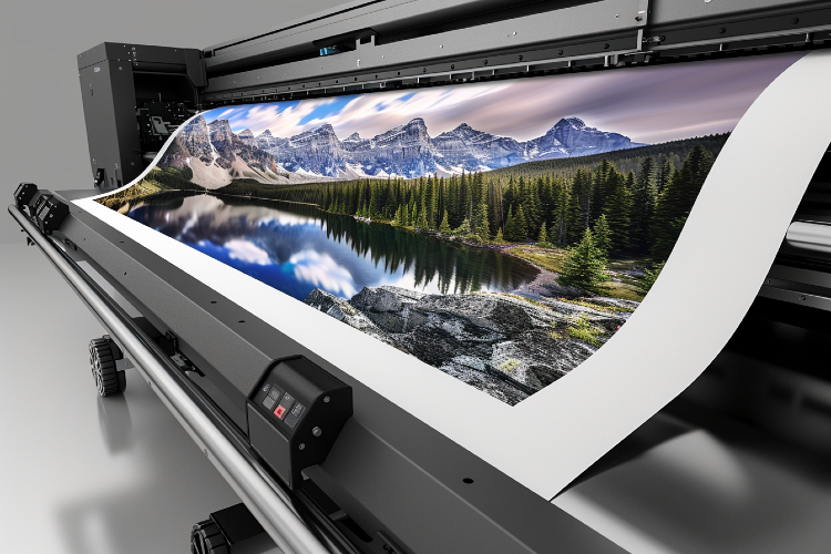 Professional large format printer producing high-quality landscape photography print with mountain lake reflection on premium paper