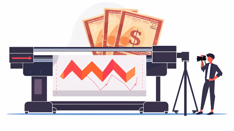 Photographer with camera beside large format printer showing profit margin chart and dollar bills for print-on-demand business revenue