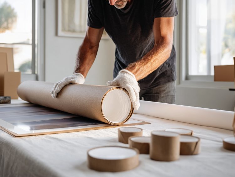 Professional carefully packaging photography prints in protective tubes with shipping materials for print-on-demand order fulfillment
