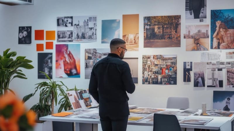 Photographer examining a large format gallery print to check sharpness and print quality