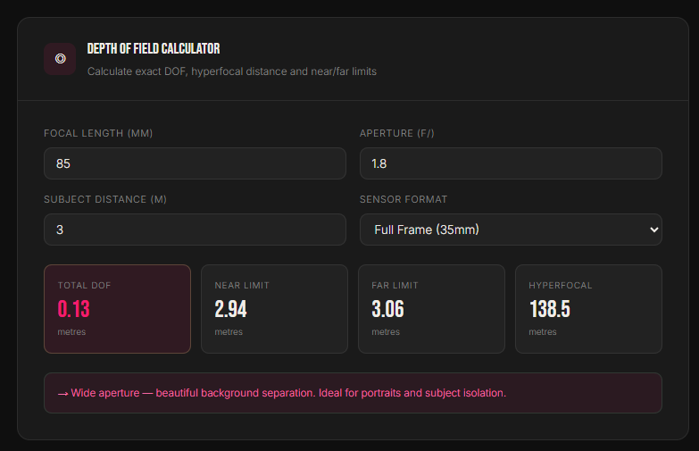 Photography Pro Calculators app showing the Depth of Field calculator with results for focal length aperture and sensor format
