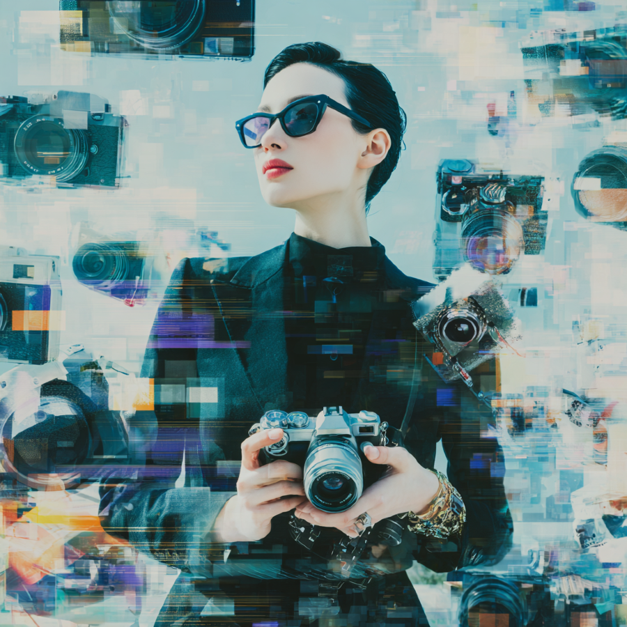 A stylish female photographer holding a camera, surrounded by a digital, abstract collage of camera and lens images, representing the fusion of photography and artificial intelligence.