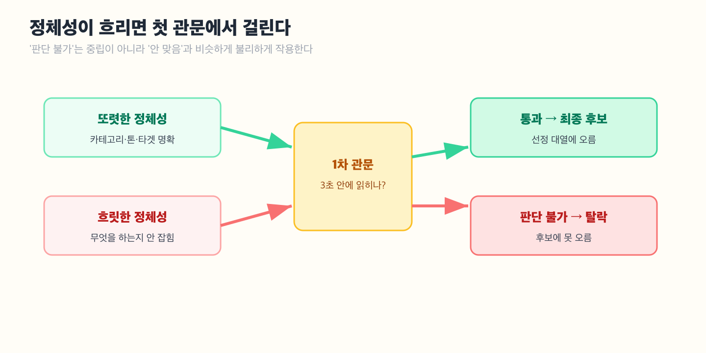 정체성 관문 도해 — 또렷한 프로필은 1차 관문을 통과해 최종 후보로, 흐릿한 프로필은 '판단 불가'로 1차 관문에서 걸러지는 흐름. 판단 불가가 미충족과 비슷하게 불리함을 표시