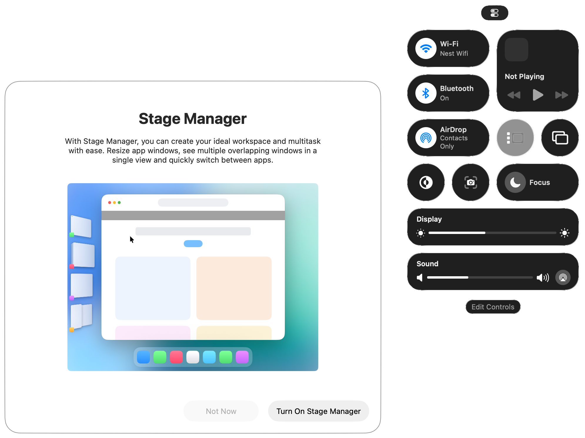 The&nbsp;Stage Manager&nbsp;icon visible from the Control Centre menu. Toggle Stage Manager&nbsp;on and off.