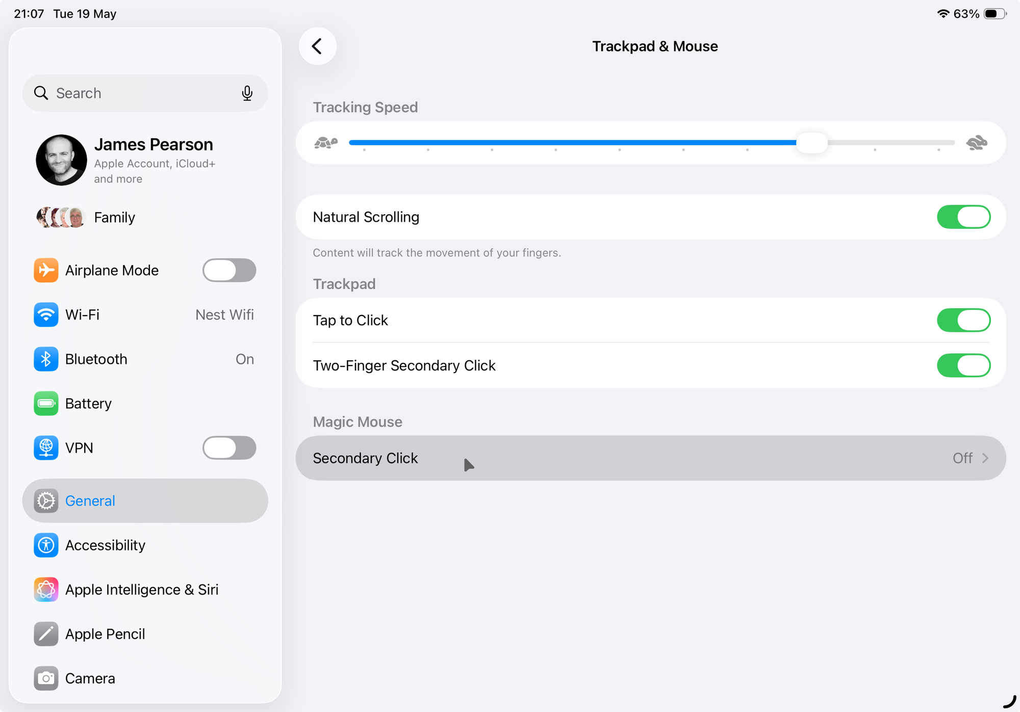 The Trackpad & Mouse options shown in the Settings app.