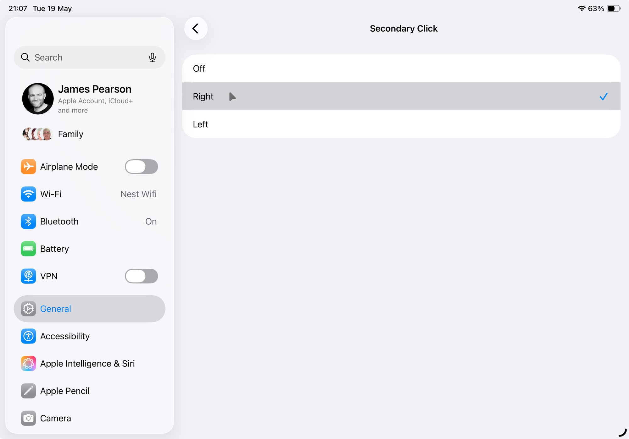 The Secondary Click options for an external mouse.