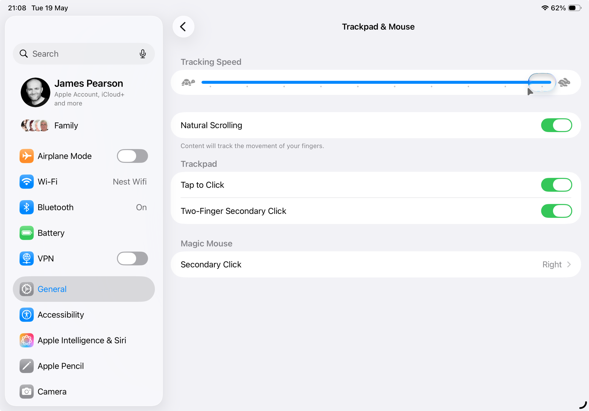 The Trackpad & Mouse settings showing multiple reconfigurations.