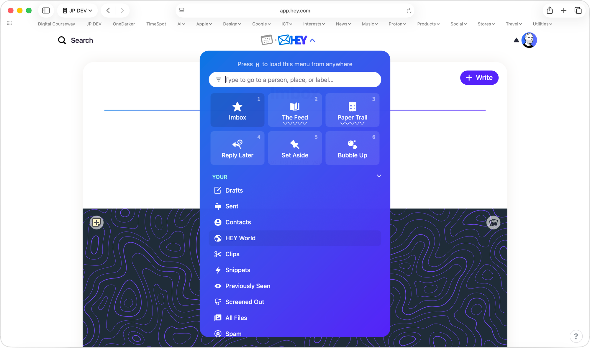 The HEY World option located on the HEY menu.