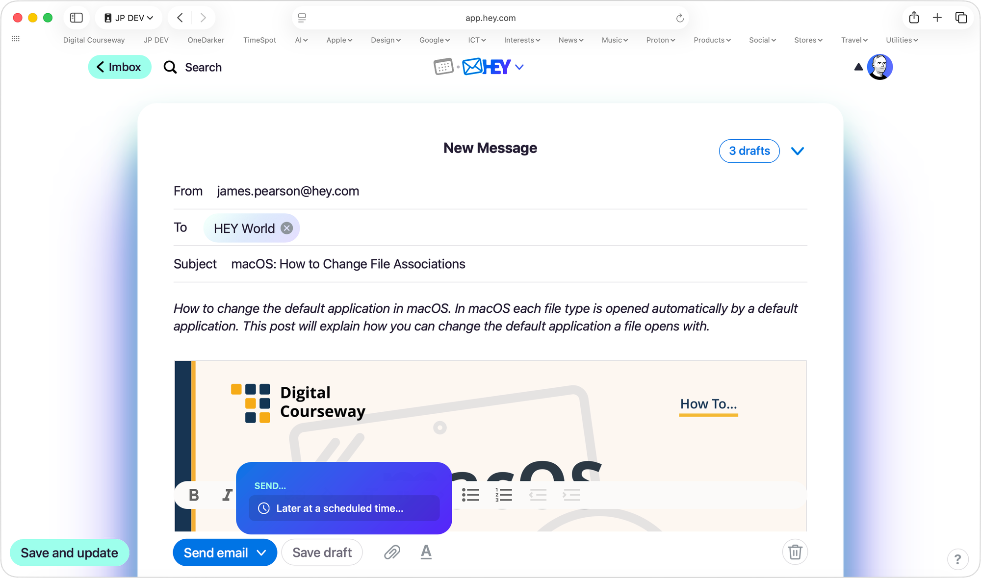 Publishing the post by clicking on the Send email button.