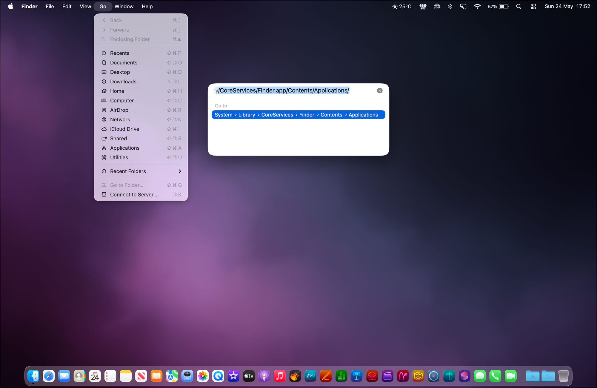 Pasting the pathway address in the Go to Folder… > Enter a path field.