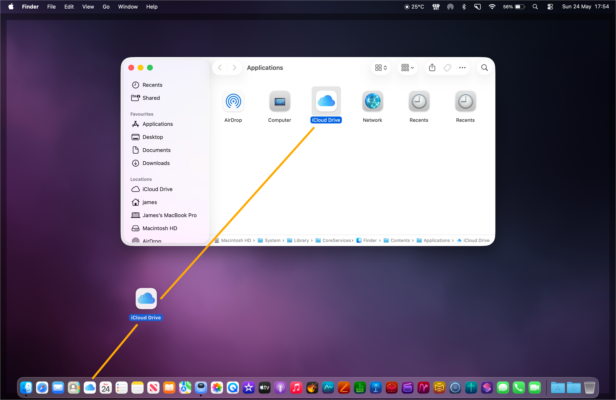 Dragging the&nbsp;iCloud Drive&nbsp;application icon into the Dock.