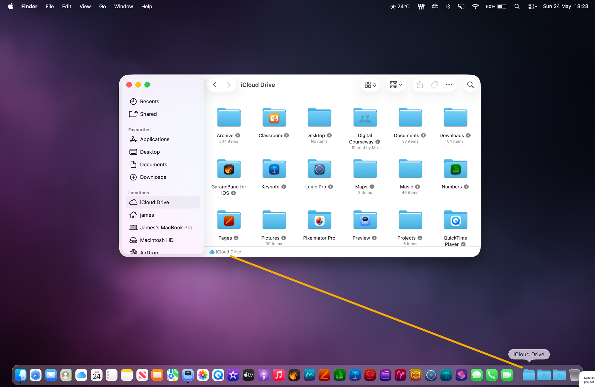 Dragging the&nbsp;iCloud Drive&nbsp;folder into the Dock.