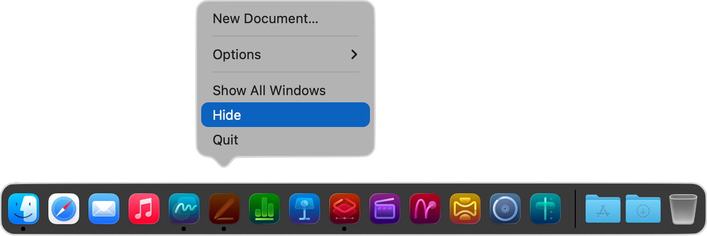 The Hide option from the Dock’s pop-up menu.