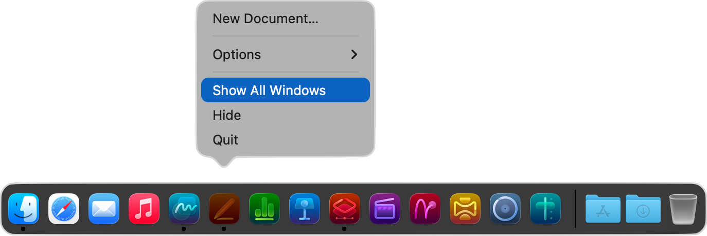 The Show All Windows option from the Dock’s pop-up menu.