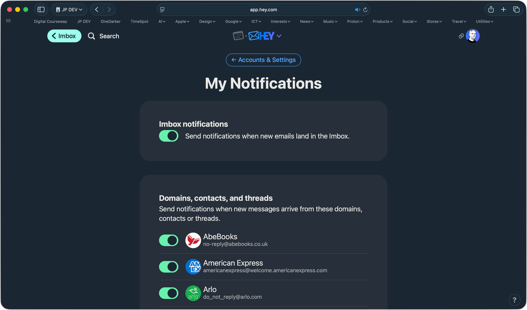 The Imbox notifications toggle for enabling notifications when emails enter the Imbox.