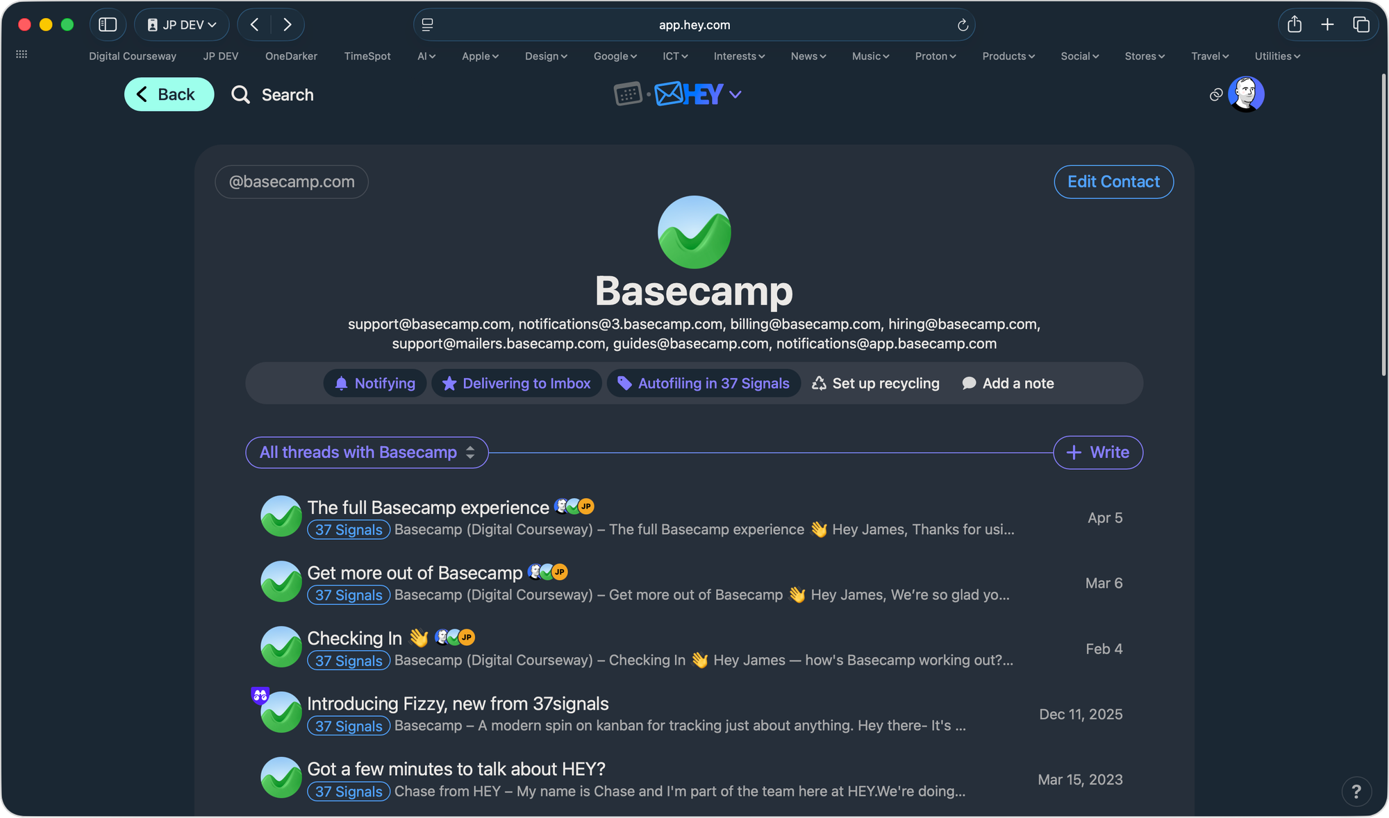 The domain path @basecamp.com visible in the top left corner of the contact’s contact page.