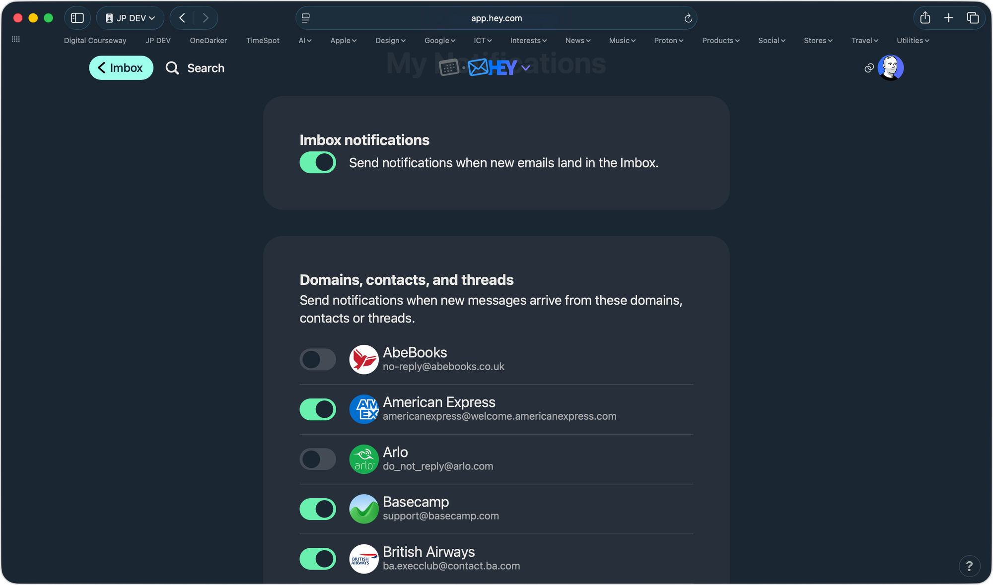List of all notifications enabled for each domain, contact or thread with the option to toggle them on and off.