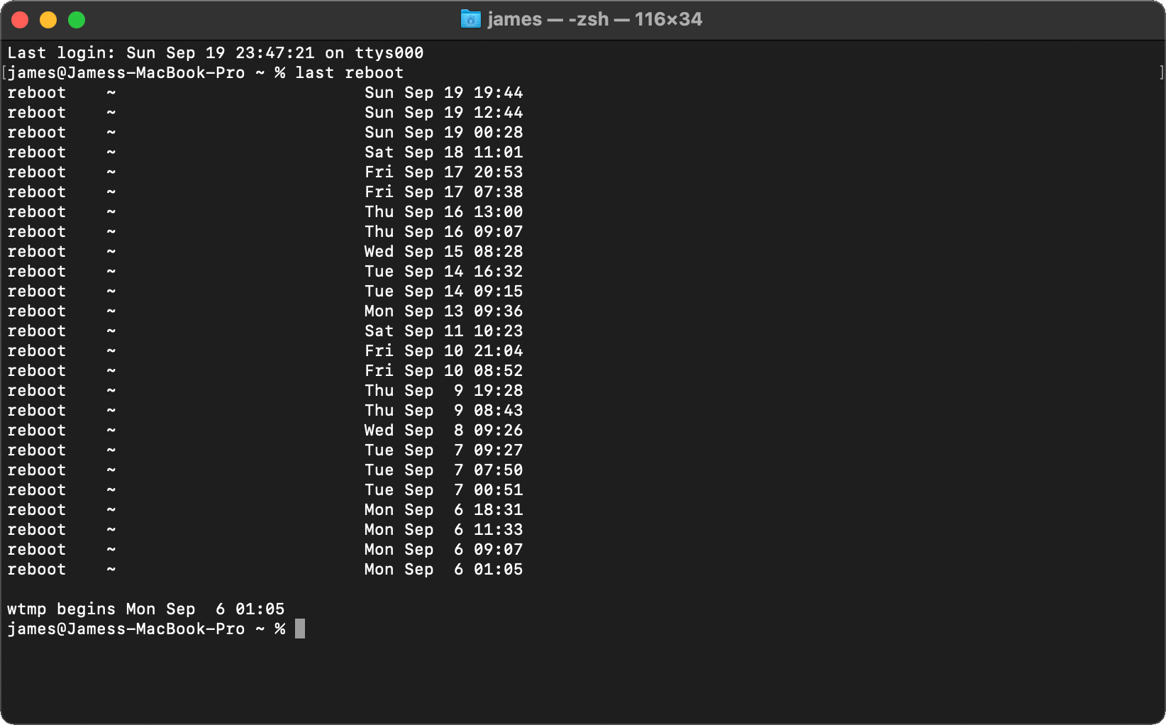 A list of recent reboots visible in the Terminal.