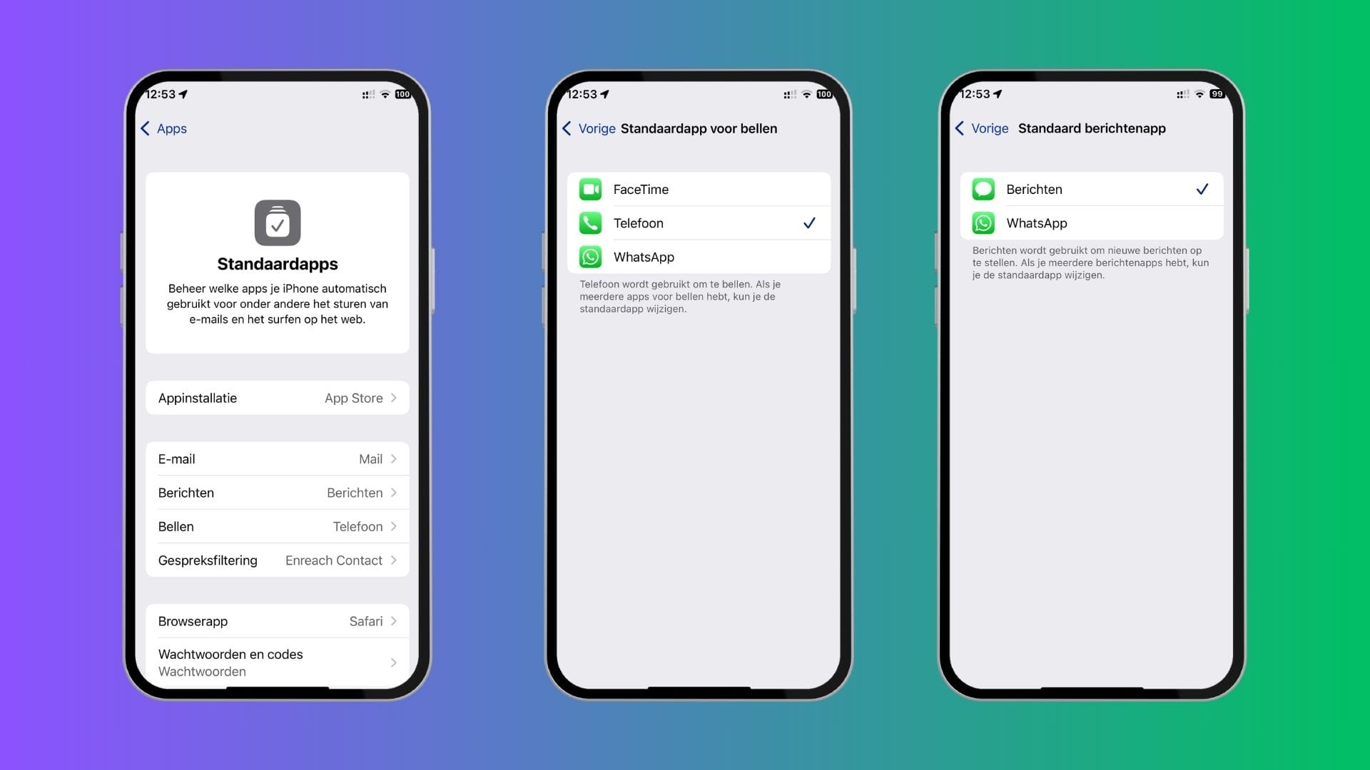 Voorbeeld van de Standaardapps, met WhatsApp