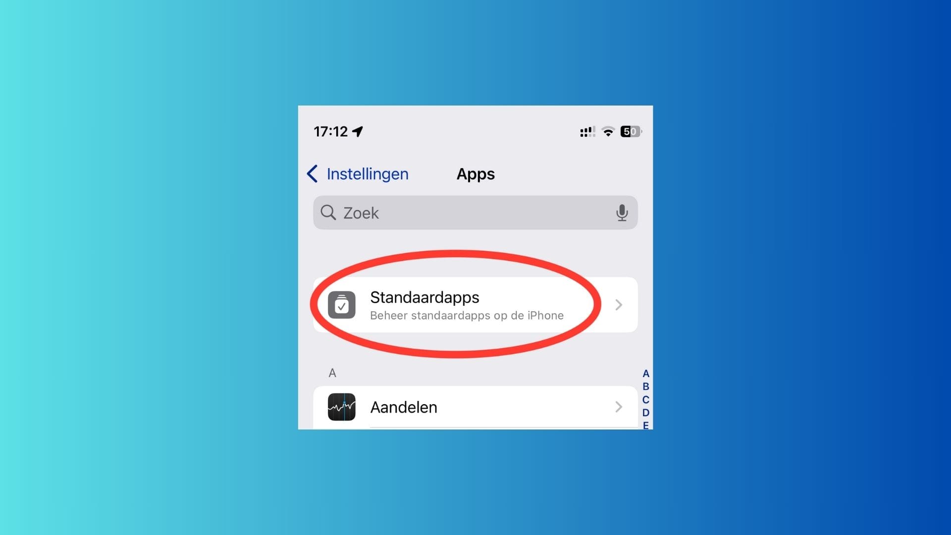 Standaardapps is te vinden onder instellingen en apps.