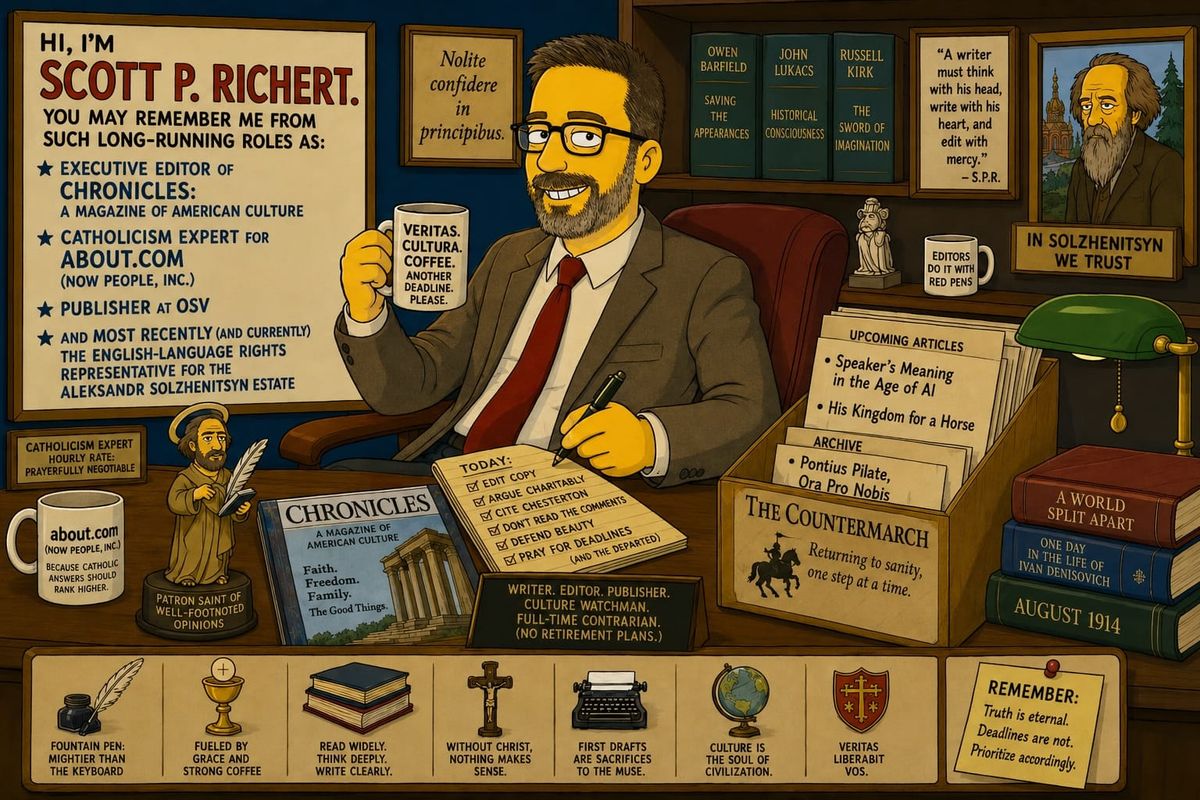 A AI-generated cartoon of Scott P. Richert in his library.
