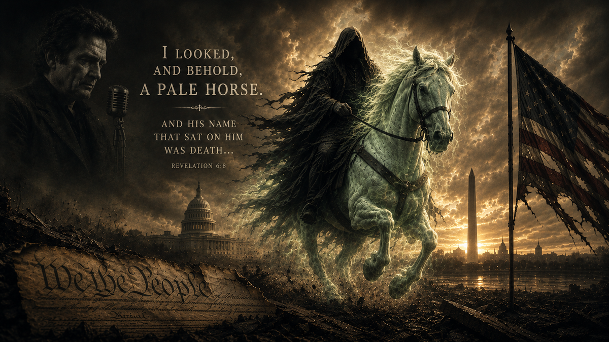 An AI-generated image of the fourth horseman of the apocalypse, Death, riding through a dystopian Washington, D.C.