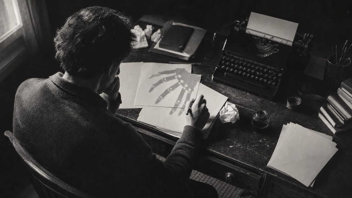 An AI-generated image of a writer pausing over manuscript pages as the shadow of a mechanical hand falls across his work.