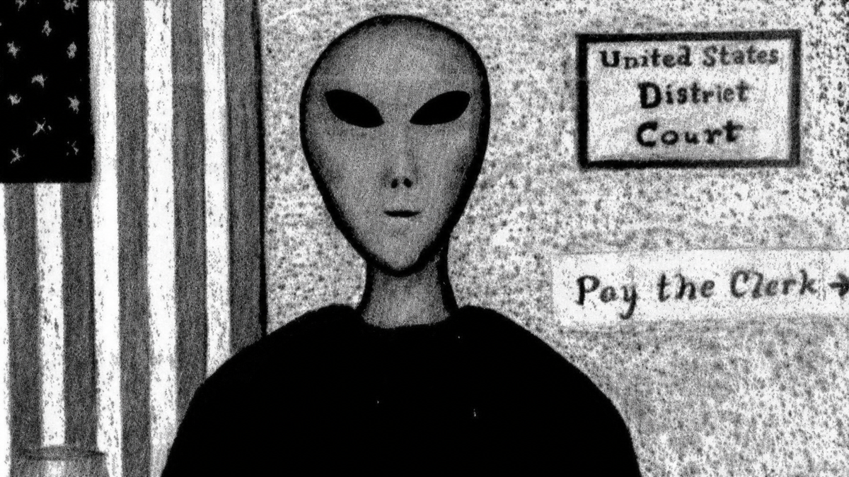 A black-and-white illustration of an alien as a federal judge in a courtroom by Stephen Warde Anderson.