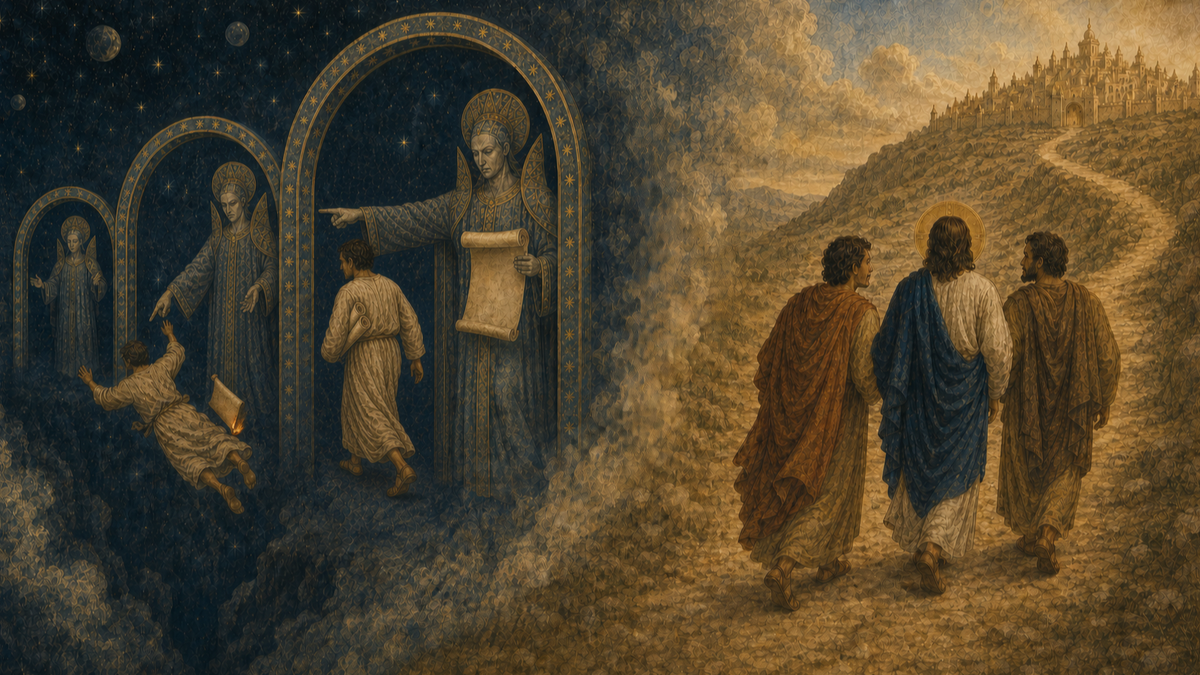 An archon guides a scroll-bearing seeker through a gate; another casts a seeker and burning scroll into the abyss. Christ and two disciples walk to Heavenly Jerusalem. (AI-generated image)