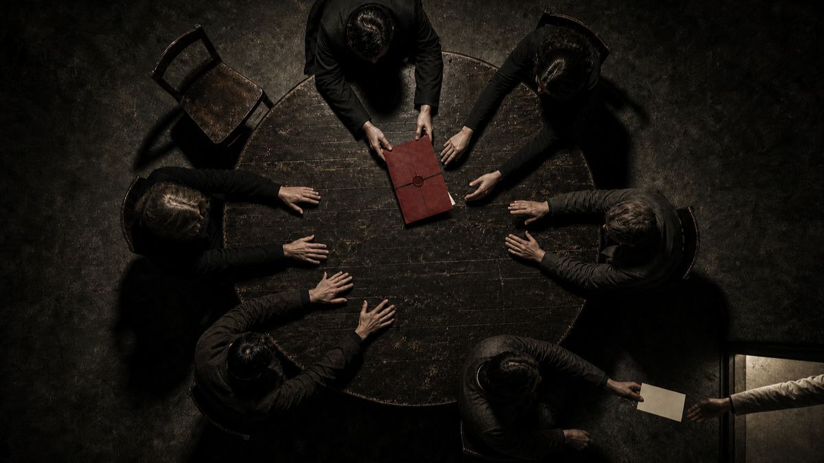 As conspirators gather around a sealed red dossier, one conspirator secretly passes a document through a doorway to an outsider. (AI-generated)