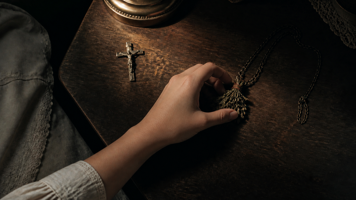 A young woman’s hand reaches past a silver crucifix to grasp an herbal charm on a dark bedside table. (AI-generated image)