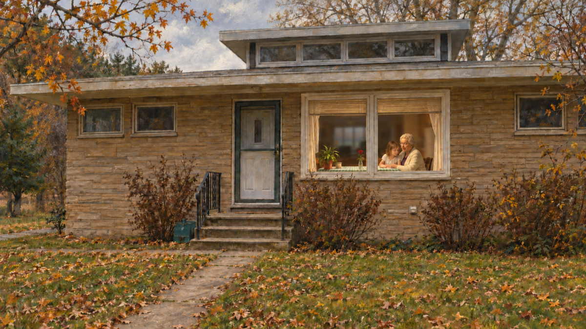 A grandmother and her granddaughter sit in warm light at the kitchen table, seen through the window of a stone house. (AI-generated image)