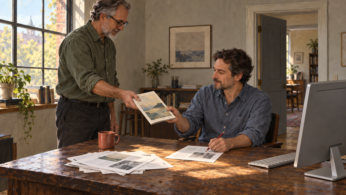 An older colleague hands a magazine to an editor marking up loose page proofs with a red pencil at a sunlit desk. (AI-generated image)