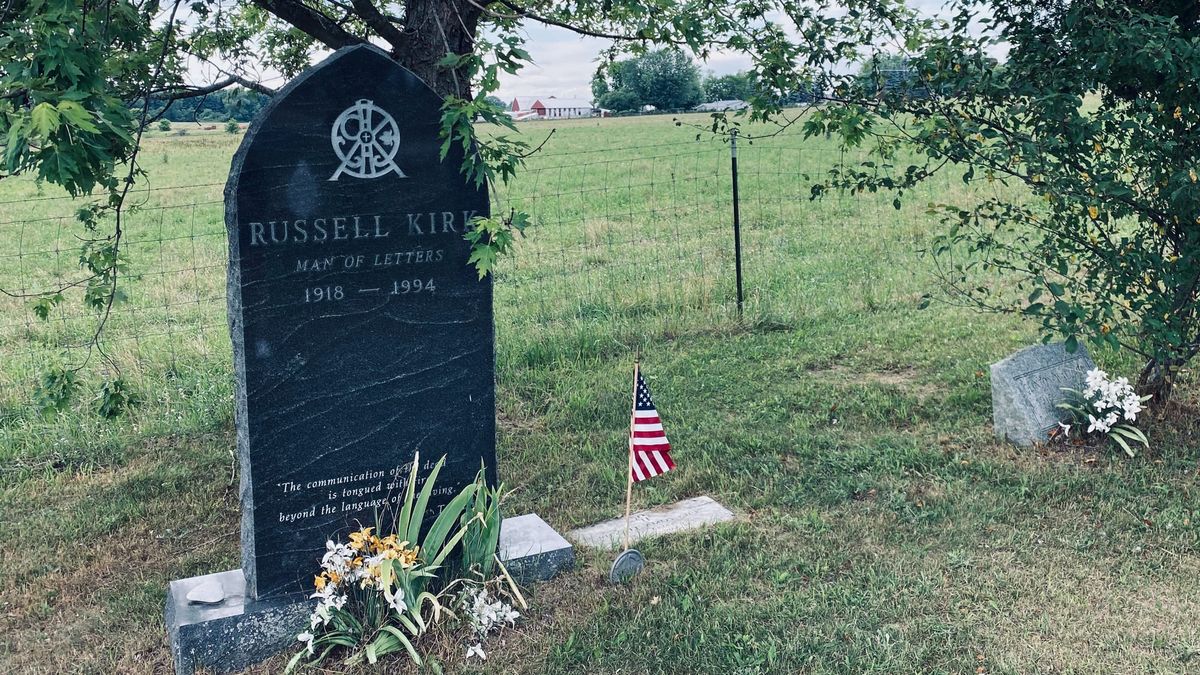 Russell Kirk’s gravestone in the cemetery at Saint Michael's Catholic Church in Mecosta County, Michigan. (Photo by Scott P. Richert)