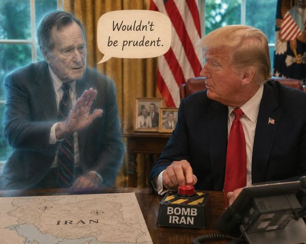 An AI-generated image of former President George H.W. Bush appearing to President Donald Trump in the Oval Office to warn him that bombing Iran would not be prudent.