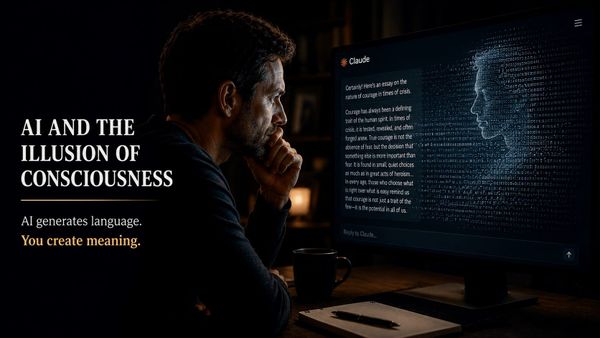 An AI-generated image of a man at a computer, reading text generated by Claude AI and projecting an image of a person behind the text.