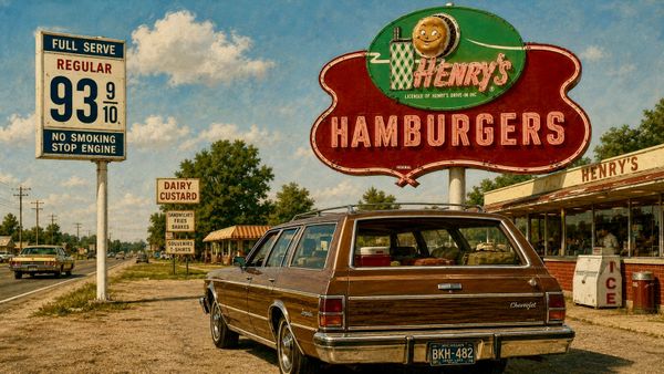An AI-generated image of a brown Chevrolet Impala station wagon parked in front of a 1970s diner.